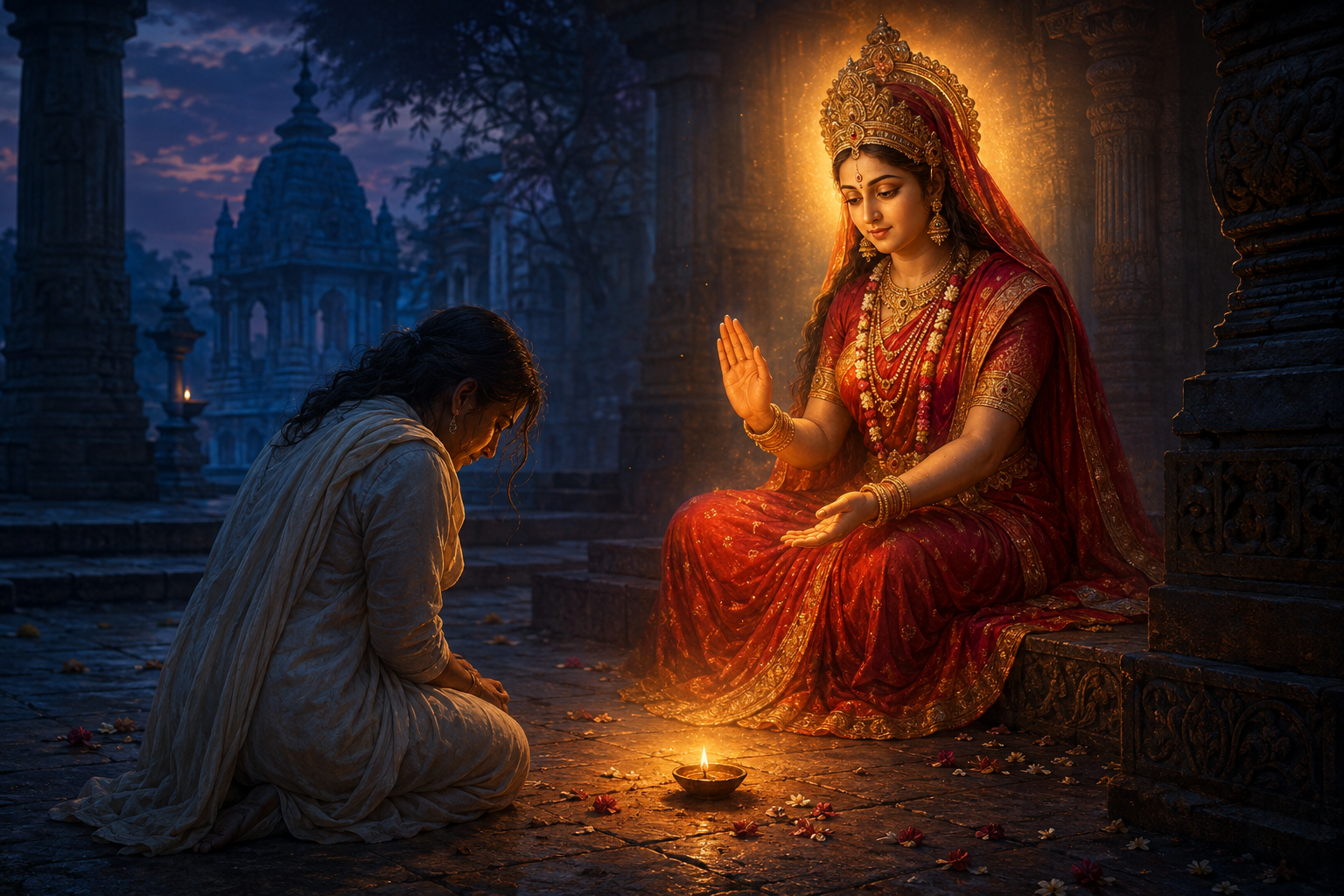A compassionate Divine Mother extends her hand toward a kneeling devotee beside an extinguished lamp and scattered flowers.