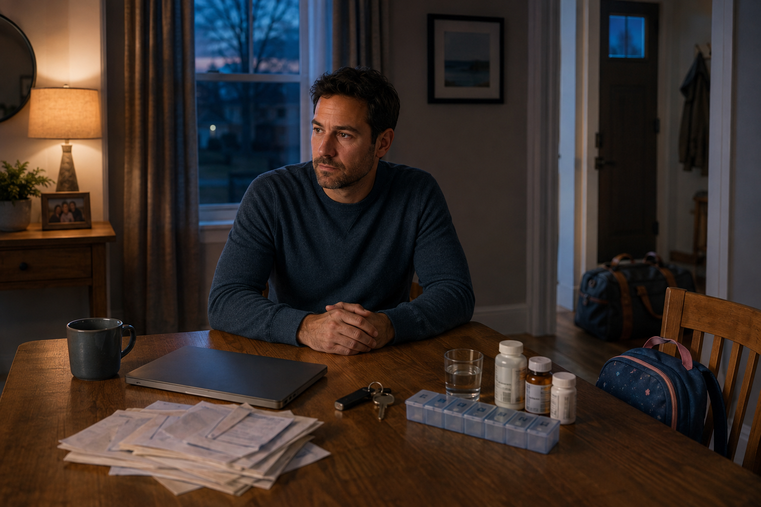 An adult considers a packed travel bag while seated among household bills, a school bag, medicine, and other signs of family responsibility.