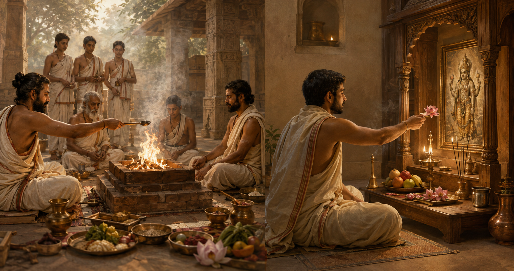 A side-by-side scene contrasts a group fire-centered yajna with an individual image-centered home puja, both involving ritual offerings.