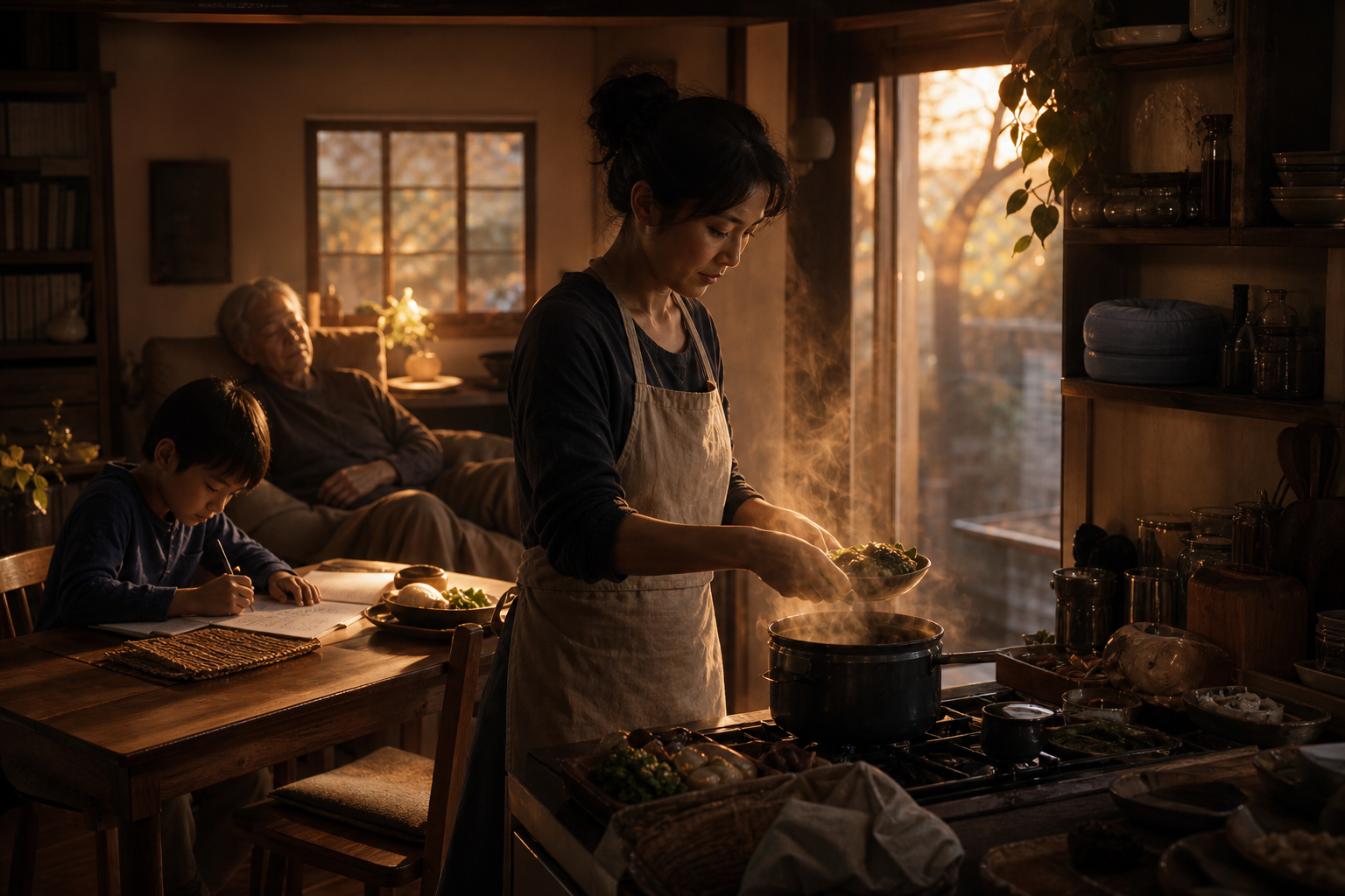 A caregiver prepares an evening meal while a child studies and an older relative rests in the same warmly lit room.