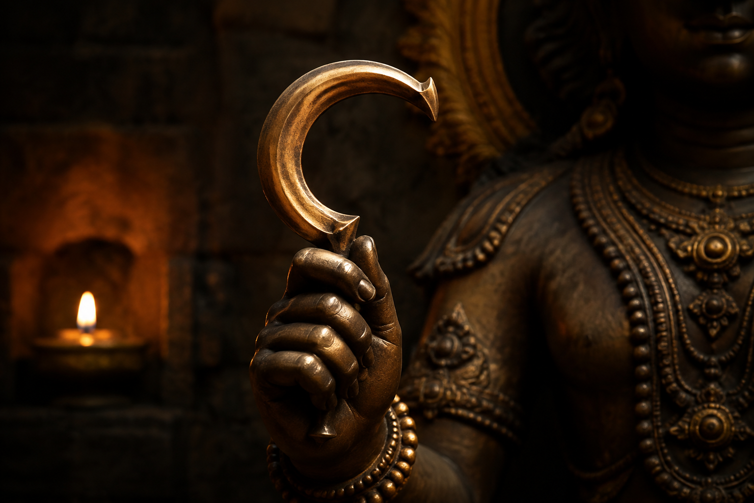 Close-up of a bronze sacred figure's hand holding a small inward-curving sickle-like implement under warm side lighting.