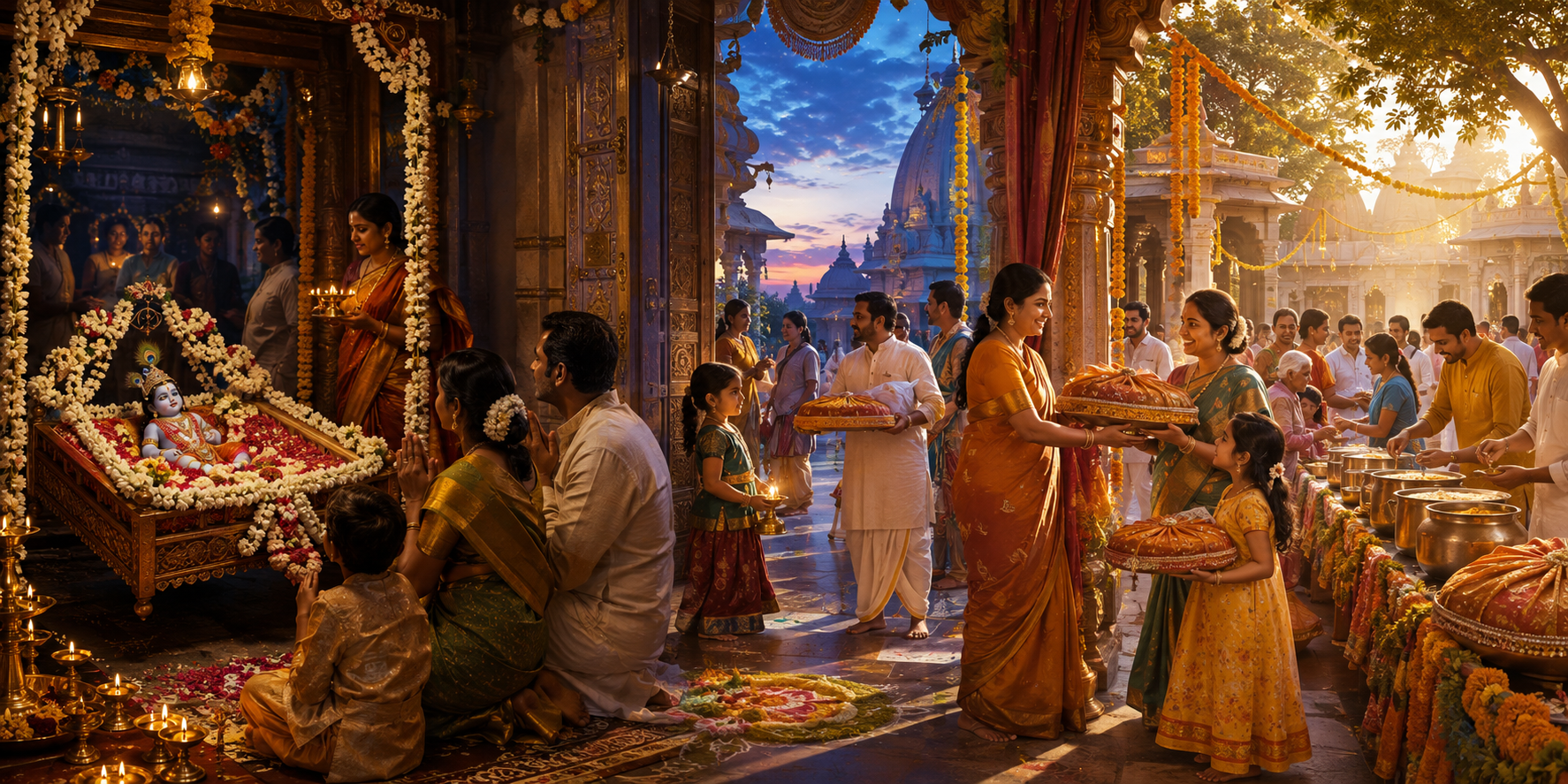 A continuous illustration moves from midnight darshan of a child Krishna murti in a decorated temple to a sunlit Nandotsava courtyard where volunteers prepare and share prasada.