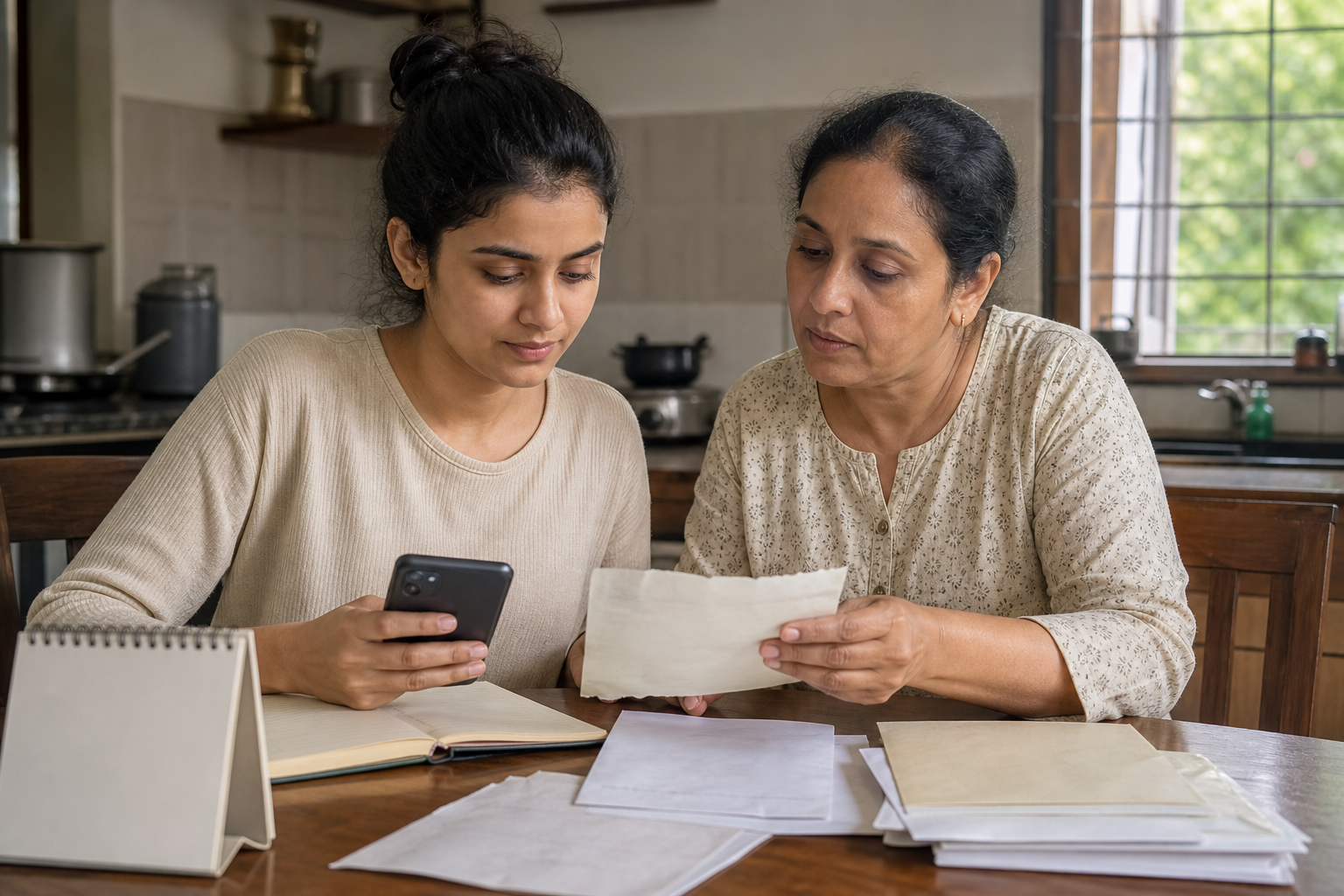 A young woman and an older relative calmly review a phone, notebook, calendar and documents together.