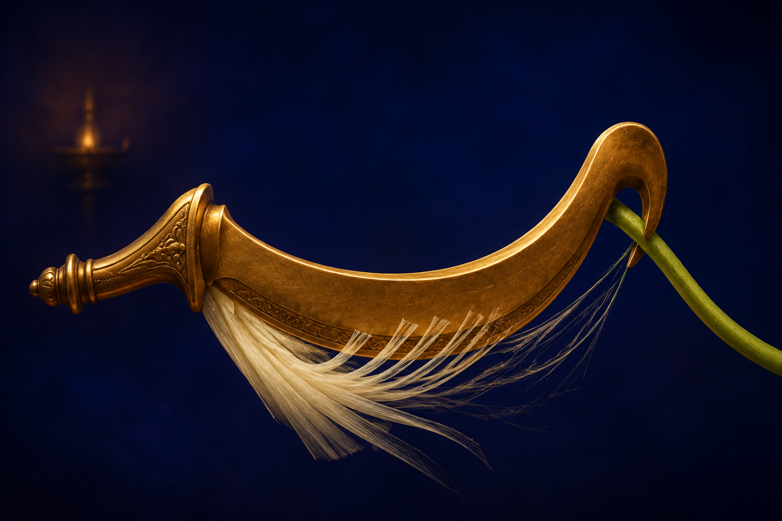 A curved bronze implement cuts pale lotus fibers with its inner edge while its hooked tip draws a lotus stem inward.