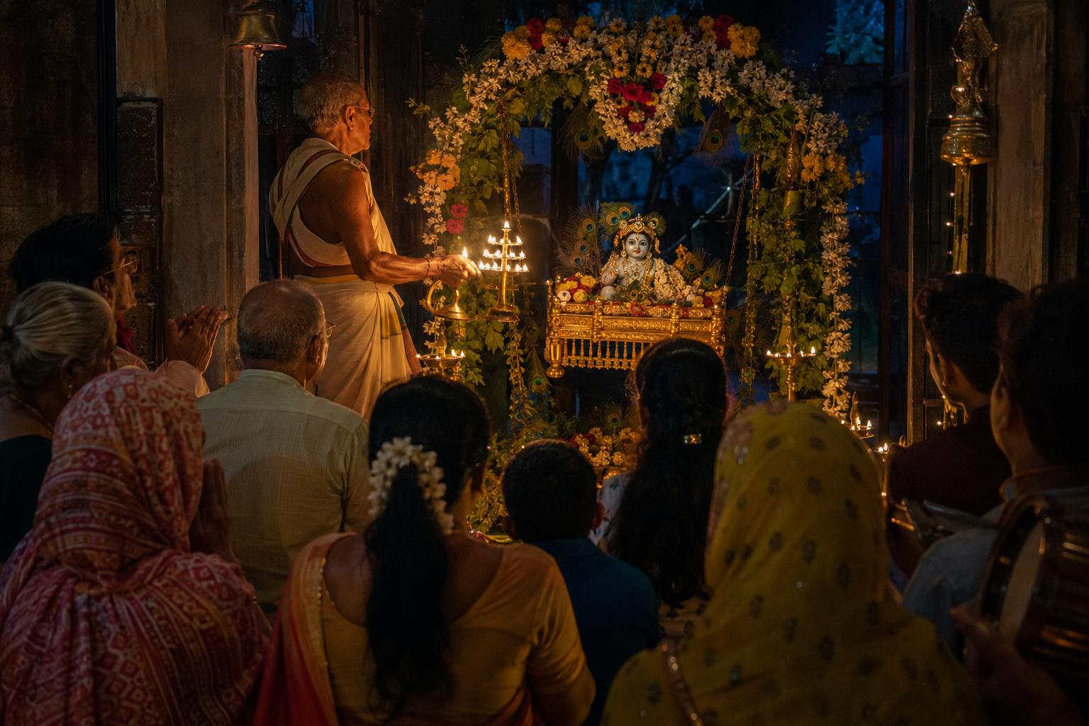 Devotees with folded hands attend a nighttime lamp offering before a flower-decorated cradle holding a child Krishna murti.