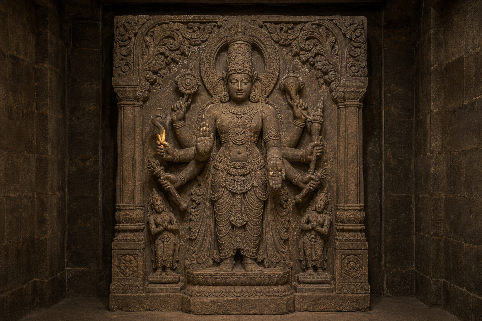 Full stone relief of a multi-armed Hindu deity in a niche, with one hand holding a small curved implement among other attributes and gestures.