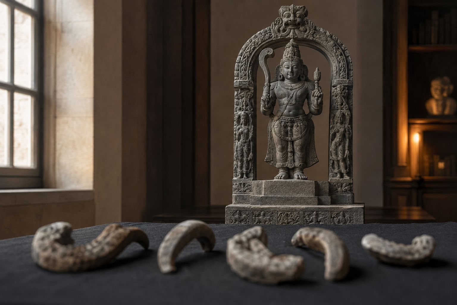 Ambiguous curved stone fragments lie in the foreground while a complete sacred figure with its attributes is visible behind them.