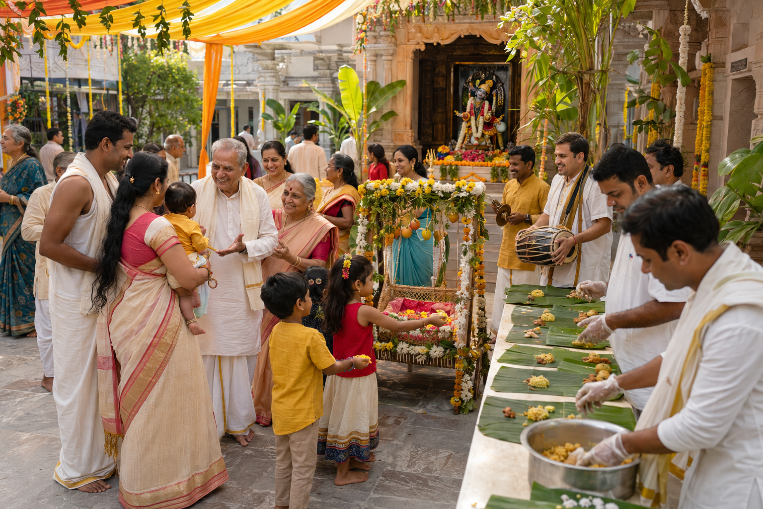 Families, musicians and volunteers celebrate Nandotsava in a sunlit temple courtyard while prasada is arranged for distribution.