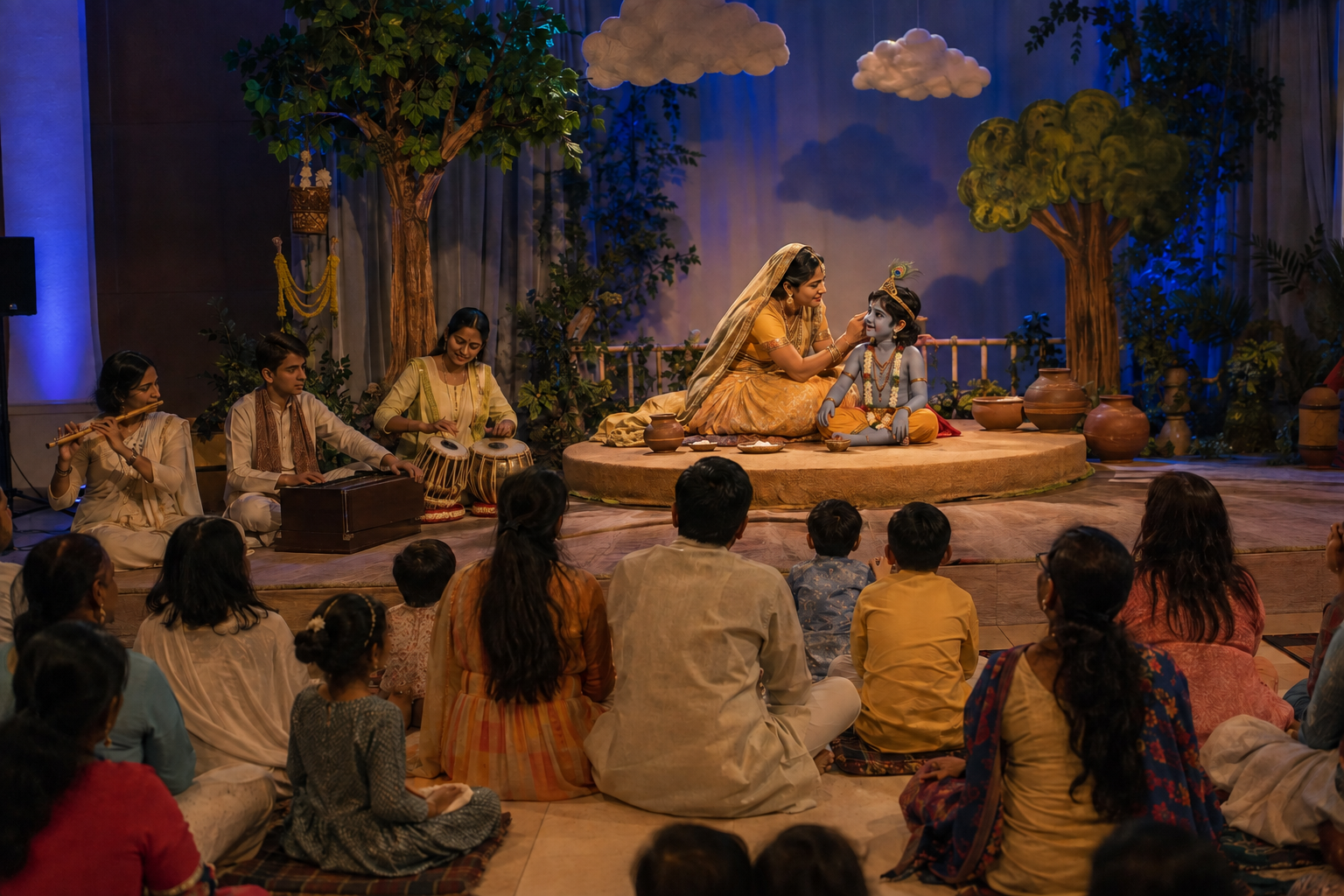 Young performers present a child Krishna and Yashoda scene on a simply decorated stage as families and devotional musicians watch nearby.