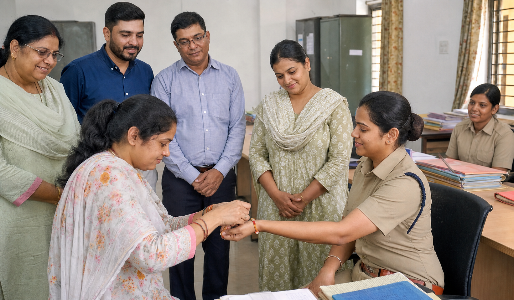 A woman ties a rakhi on a policewoman's wrist during a small civic visit inside a public-service office.