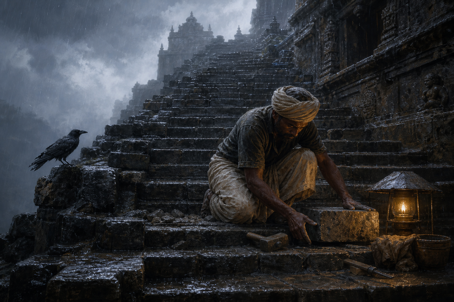 A craftsperson repairs one stone in a long rain-wet staircase as a black crow perches beside a covered lamp.