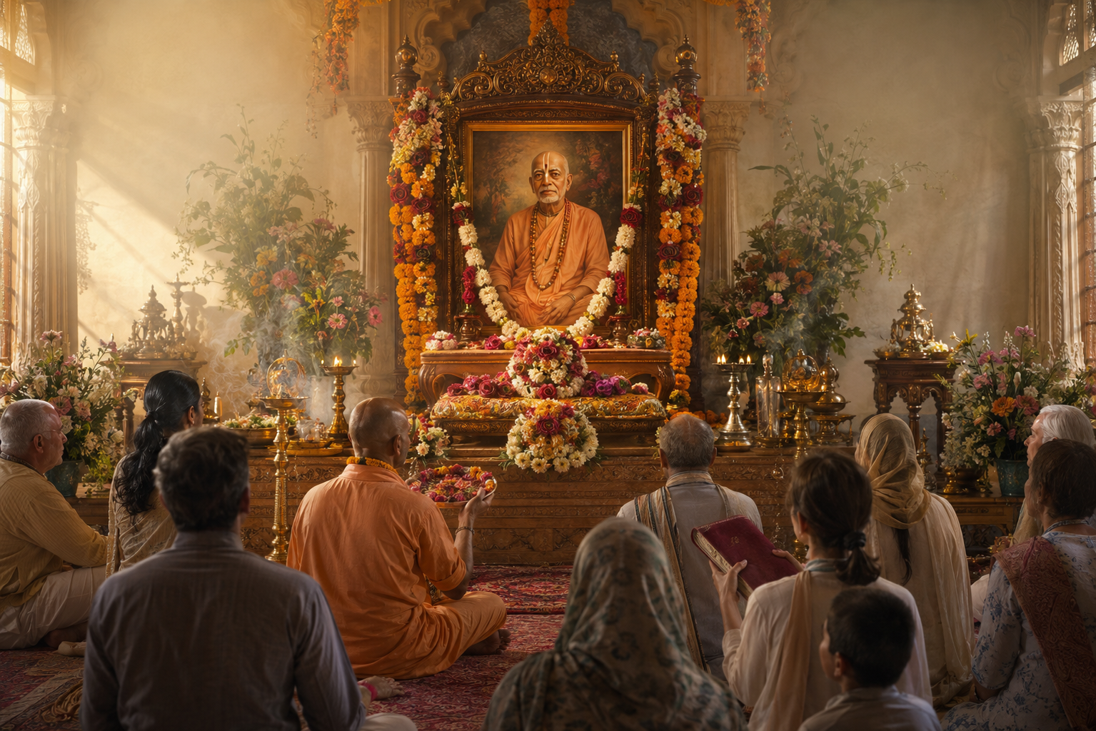 Devotees sit before a flower-decorated teacher's seat and a painted portrait of an elderly Vaishnava spiritual teacher in a softly lit temple.