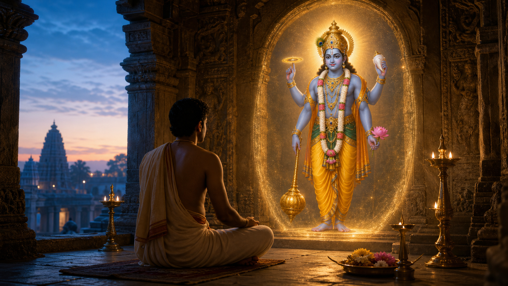 A devotee sits in meditation in a stone temple alcove, gazing softly downward while the luminous four-armed form of Vishnu appears before him.