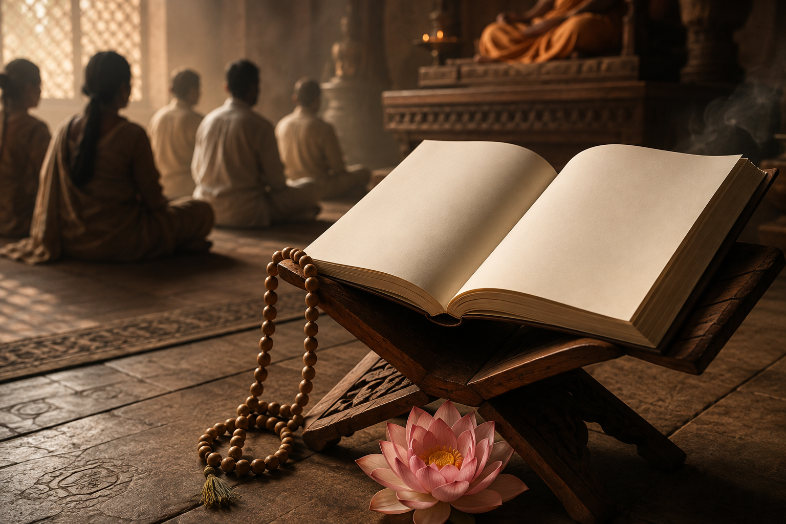 An unprinted open scripture, tulasi prayer beads, and a lotus rest on a wooden stand with seated devotees softly blurred behind them.