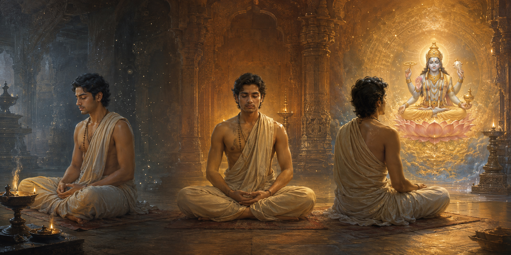 Three connected scenes show a meditator first settling the mind, then directing a soft gaze downward, and finally contemplating the luminous form of Bhagavan.