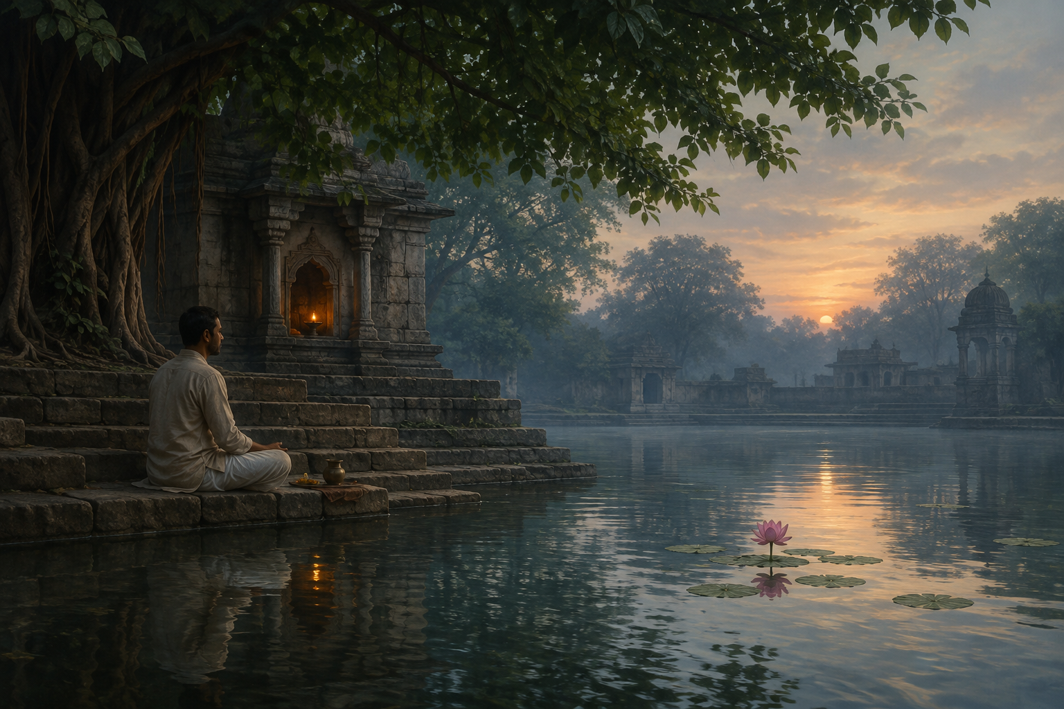A devotee meditates beside a temple pond whose rippled water becomes calm around a reflected lotus and lamp.
