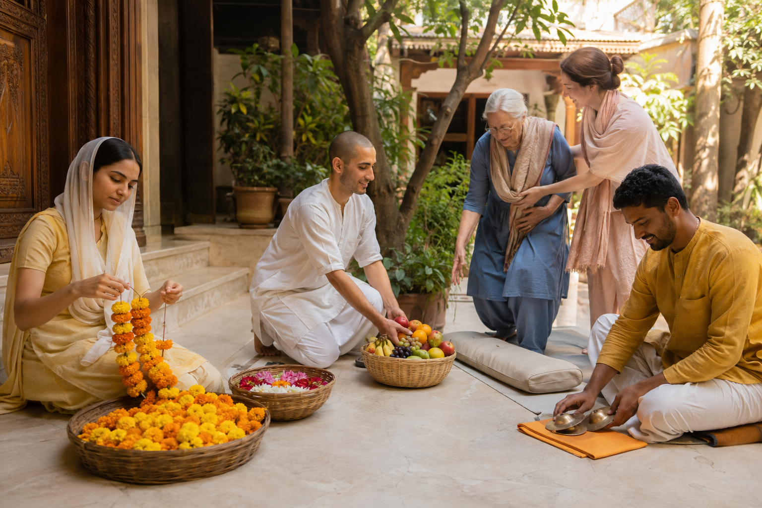 Devotees prepare flowers, fruit, cushions, and hand cymbals together in a sunlit temple courtyard.