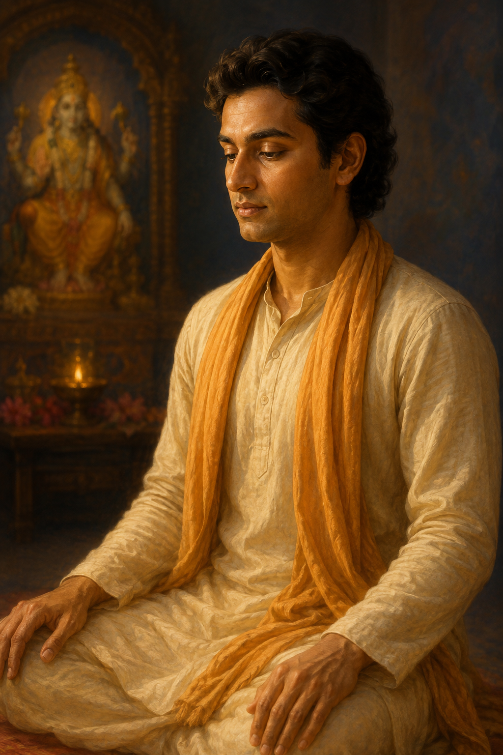 A relaxed devotee sits upright with partially lowered eyes directed gently toward the nose tip, while a softly lit shrine appears behind him.