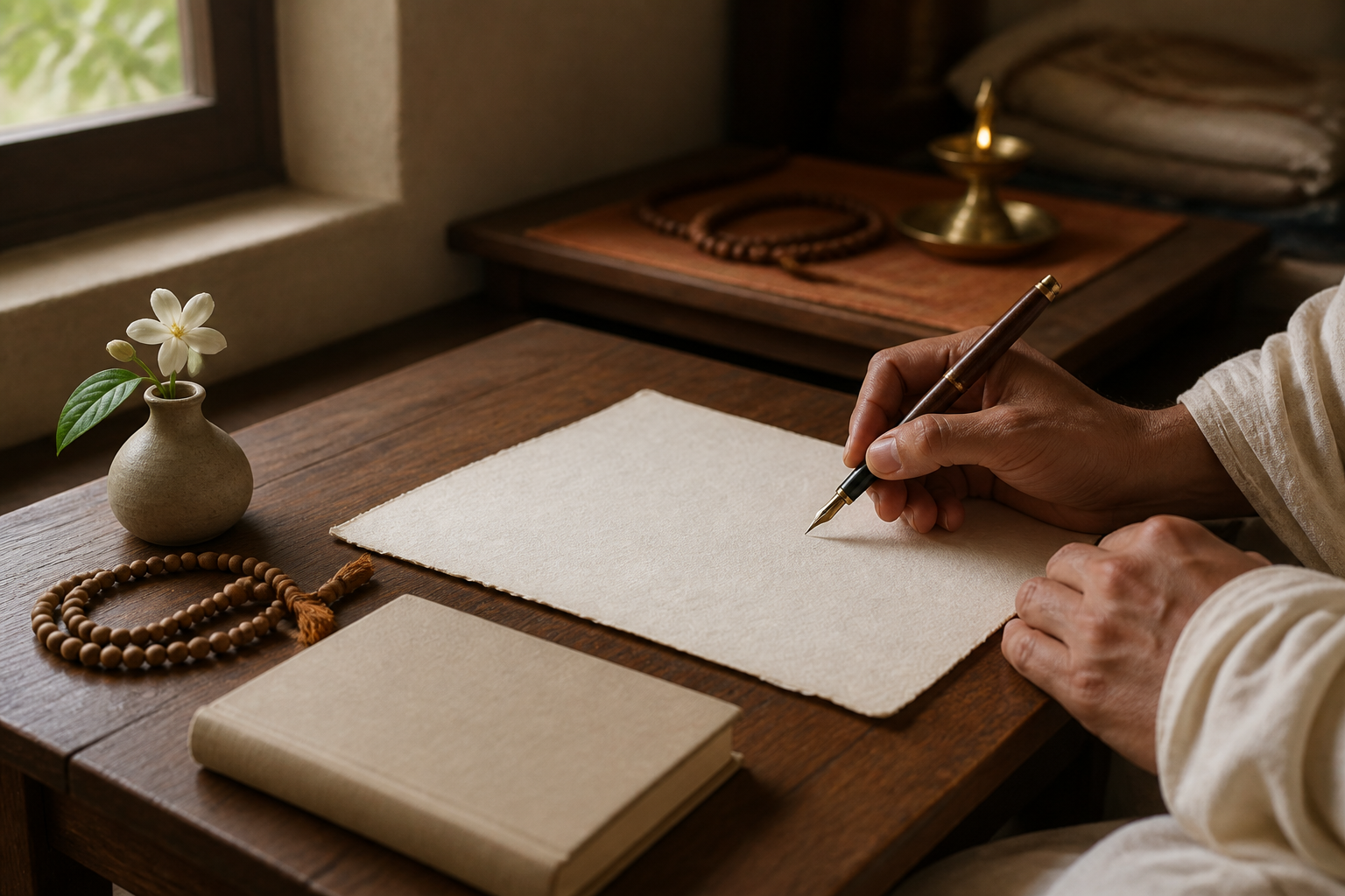 Hands hold a pen above blank paper beside prayer beads, a jasmine flower, an unmarked book, and a small brass lamp.