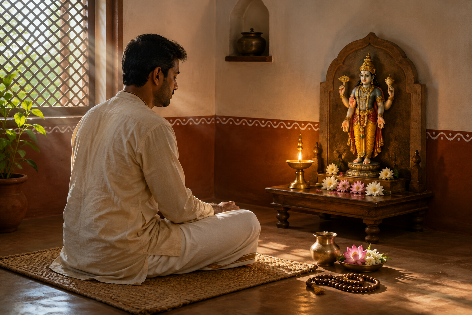 A devotee follows a simple home meditation routine on a woven mat before a lamp-lit image of four-armed Bhagavan.