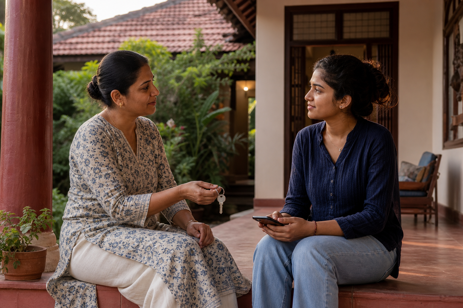 A mother offers a house key to her adult daughter as they talk on a veranda with an open doorway behind them.