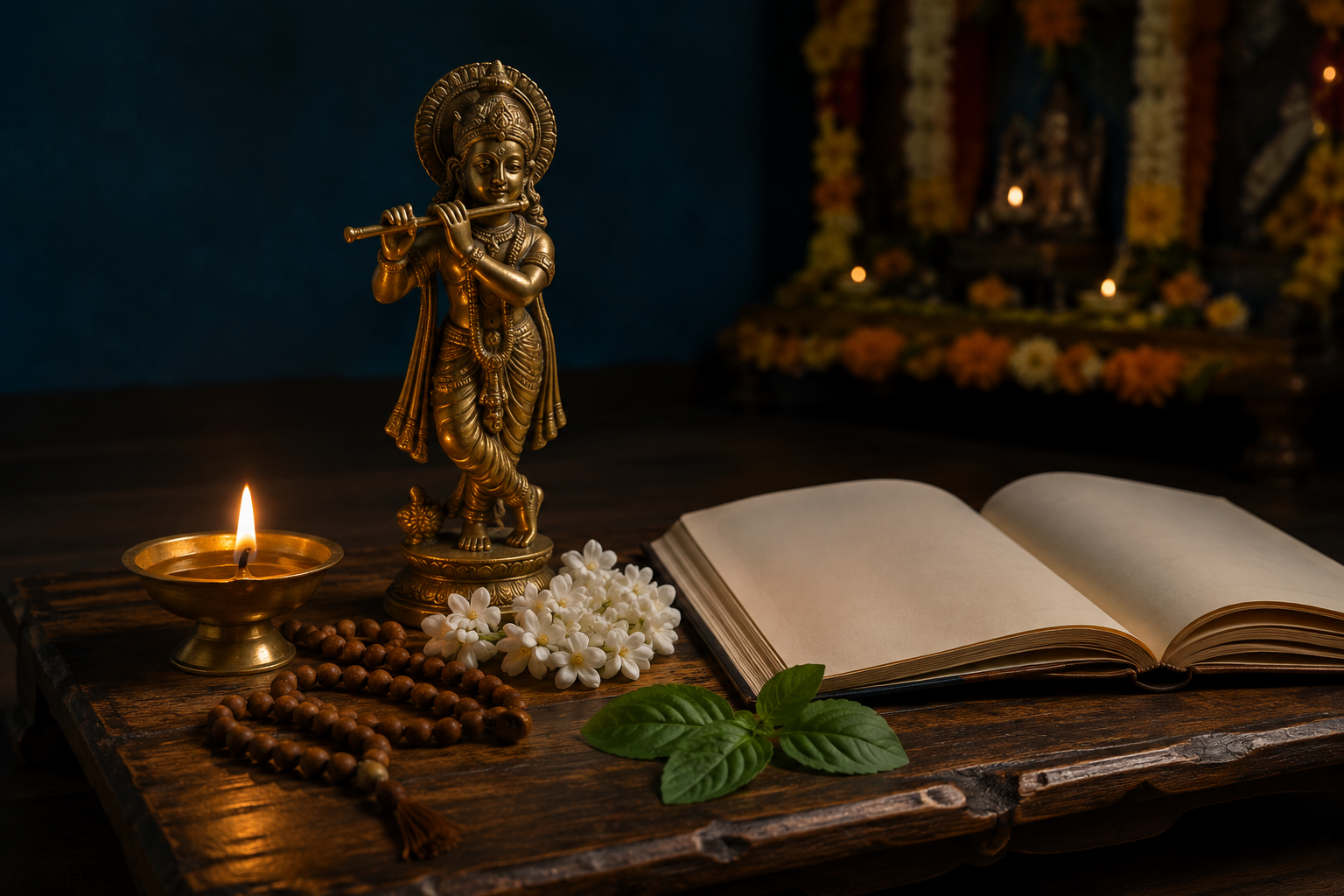 A simple altar with a brass Krishna murti, oil lamp, jasmine, tulsi leaves, prayer beads and an open book stands in focus while decorations remain blurred behind it.