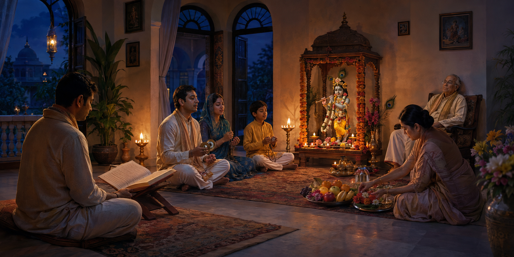 Devotees in one room listen to a reading, chant together, prepare a simple offering and sit in quiet remembrance beside a small Krishna altar.