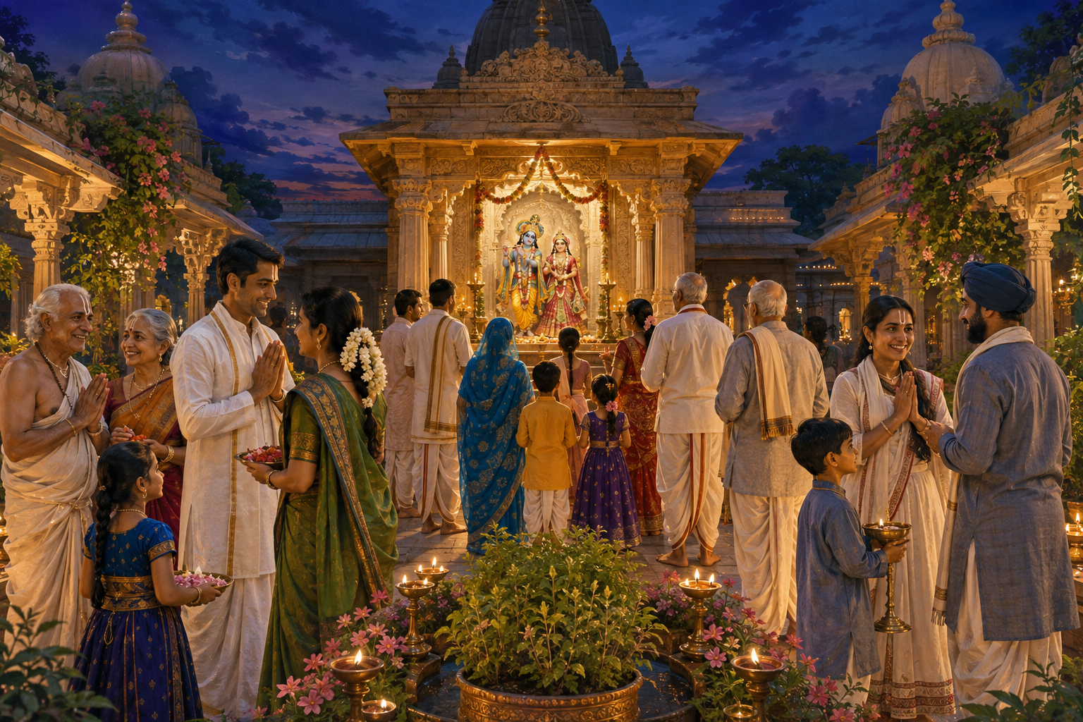 Families in varied regional dress and devotional traditions gather peacefully around the same illuminated Krishna shrine in a temple courtyard at dusk.