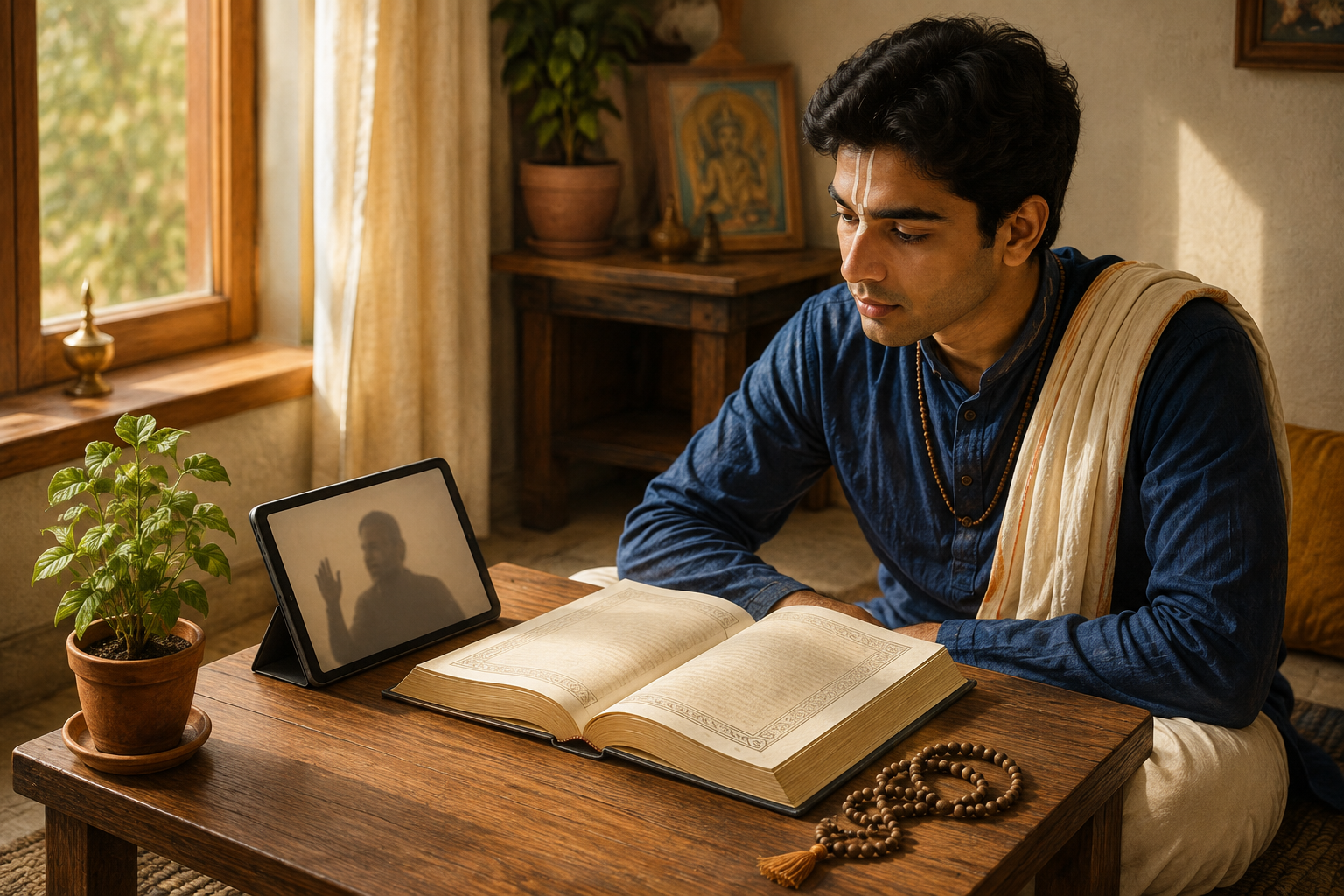A student listens to an online scripture class beside an open sacred book, prayer beads, and a tulasi plant in a sunlit study space.