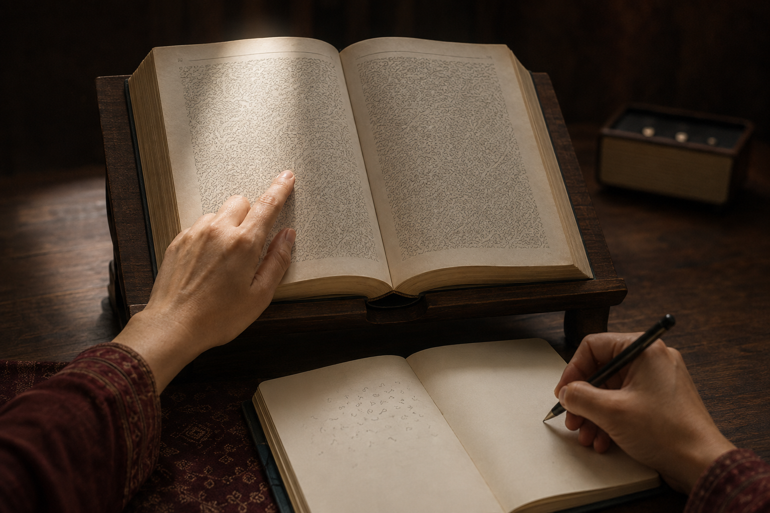 Hands study an open scripture and take notes while an audio device remains out of focus in the background.