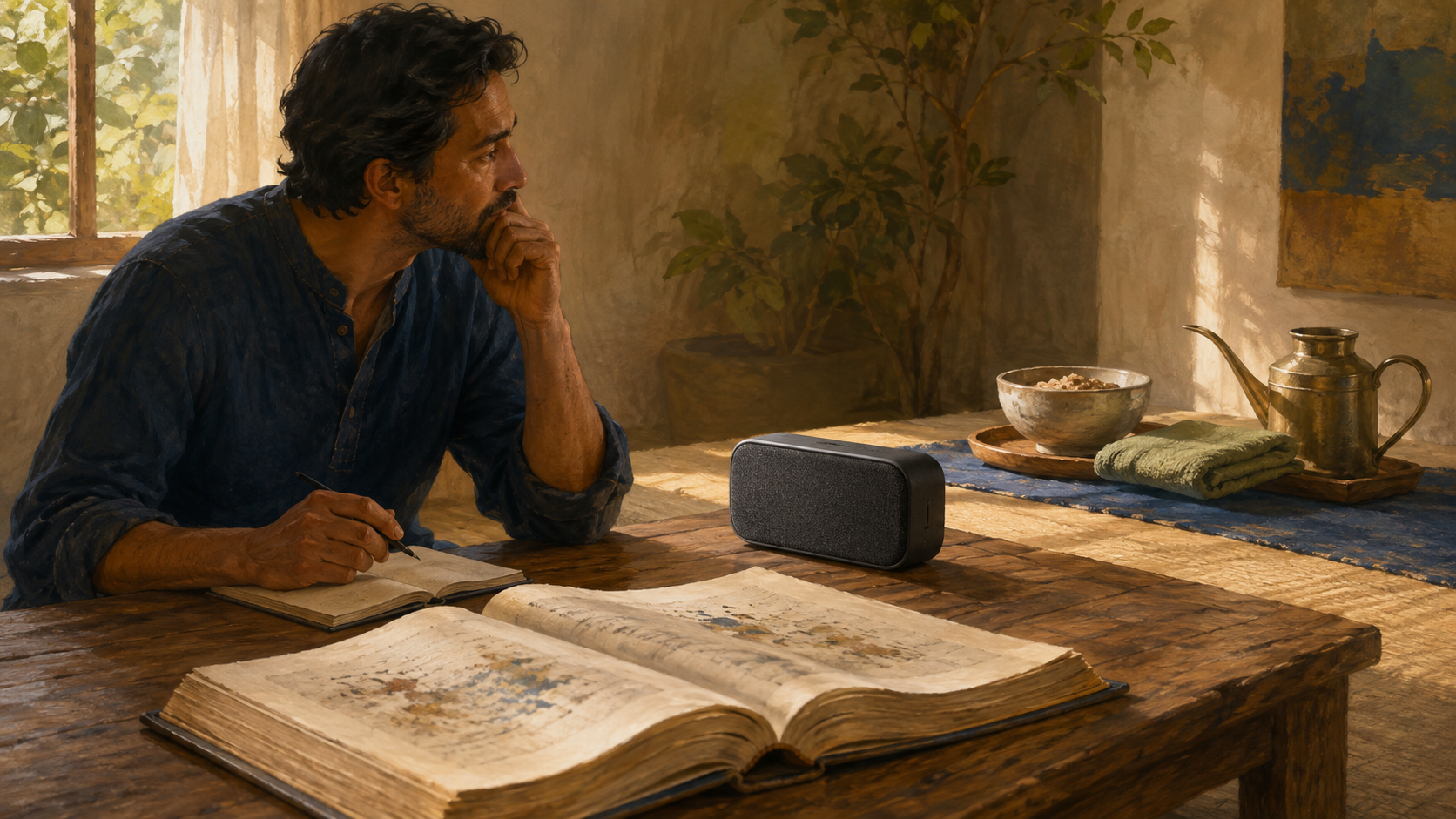 An open scripture, an audio speaker, and simple service objects occupy three connected areas of a listener's study table.