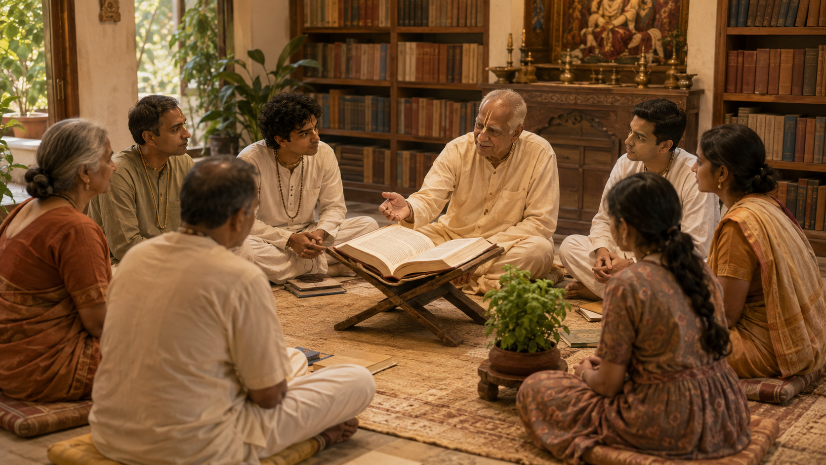 Students of different ages sit around an elder teacher and an open scripture in a temple library.
