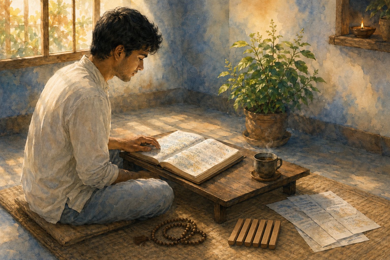 A student maintains a morning scripture-listening routine with an open book, prayer beads, notes, and a tulasi plant.