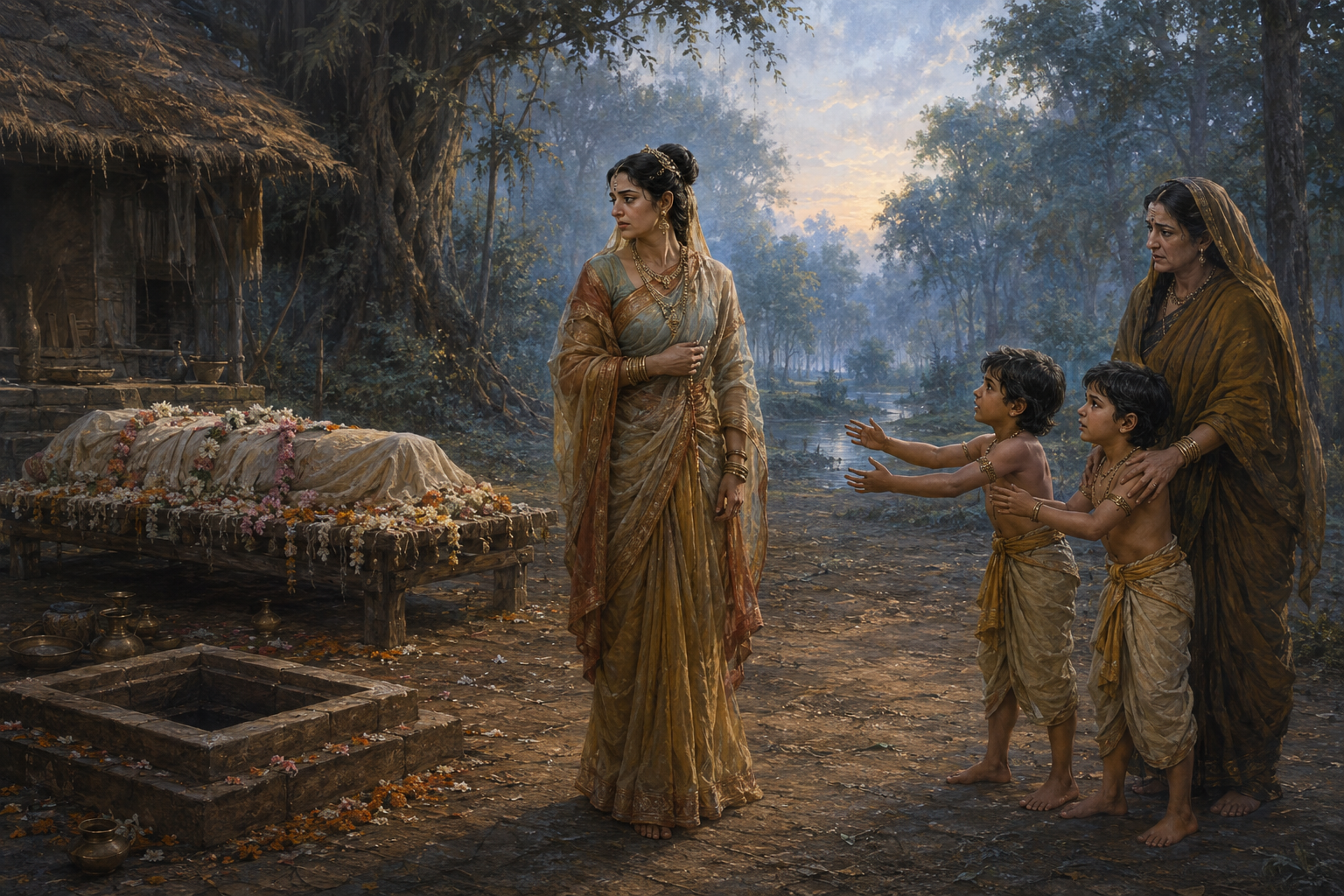 Madri stands between Pandu's flower-covered bier and the young twins Nakula and Sahadeva at a forest hermitage while Kunti watches nearby.