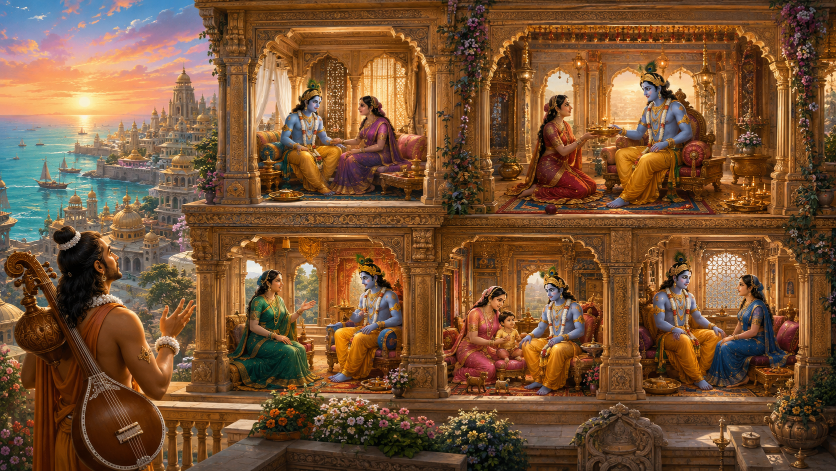 Narada watches Krishna appear in several separate Dwaraka palace rooms, where he gives individual attention to distinct queens engaged in different household activities.