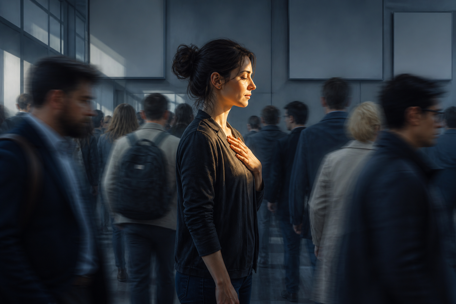 A person pauses with one hand on their chest and eyes lowered while a restless crowd moves through a public corridor around them.