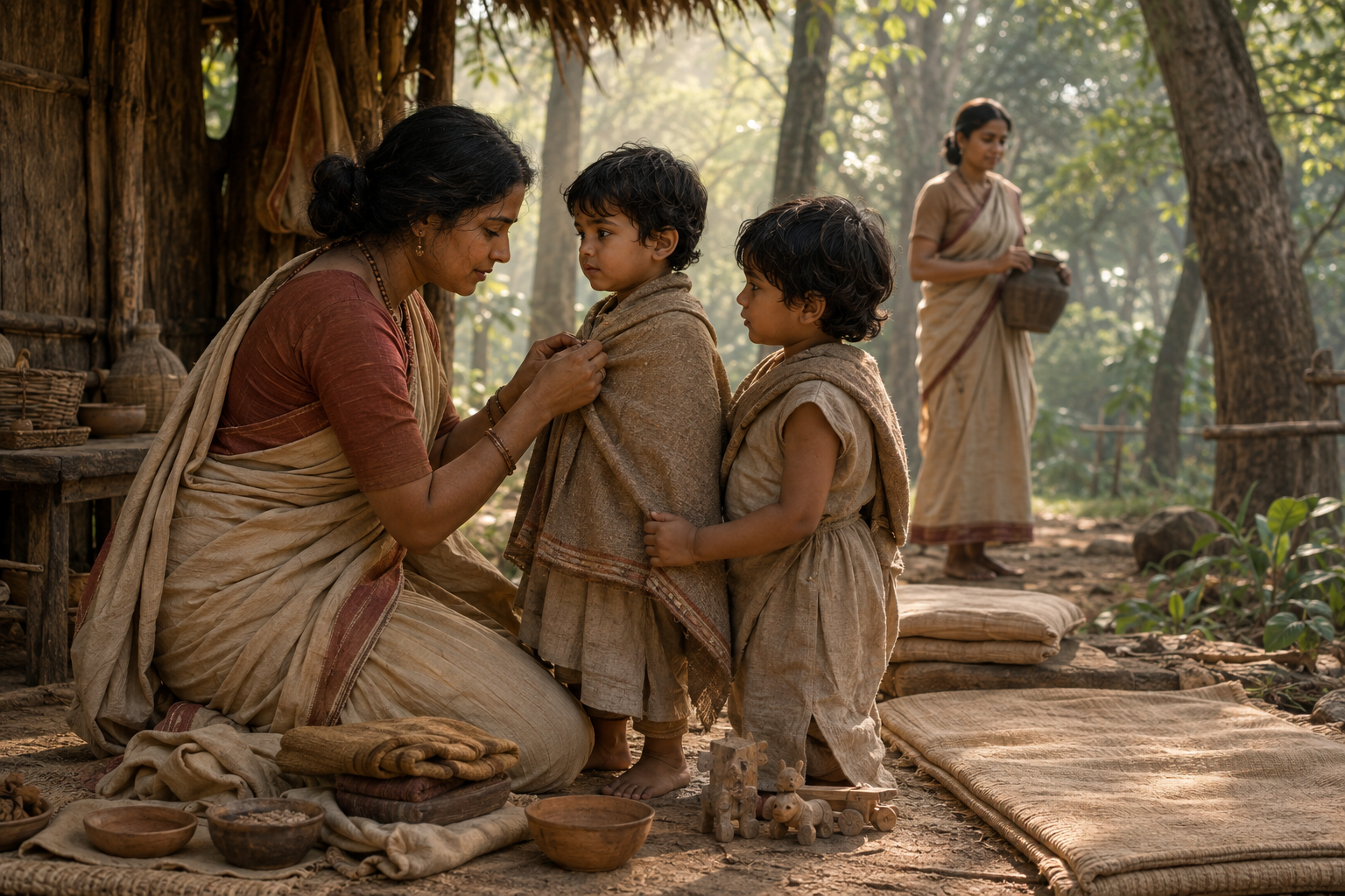 Madri kneels to fasten a young son's cloak as his twin holds her arm, with Kunti carrying water in the background of a forest hermitage.
