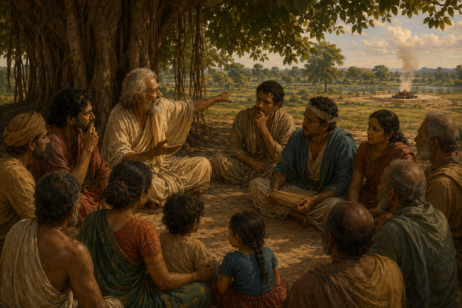 A storyteller speaks beneath a banyan tree as listeners reflect, with children beside a caregiver and a ceremonial fire far in the background.