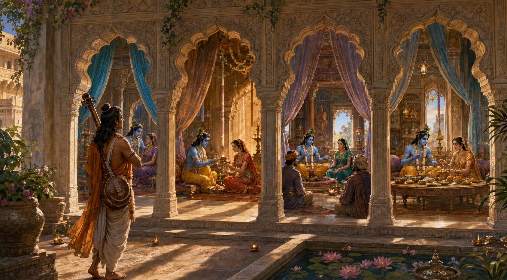 Narada carries a veena through Dwaraka palace courtyards while seeing Krishna engaged in different activities with individual queens beyond several archways.