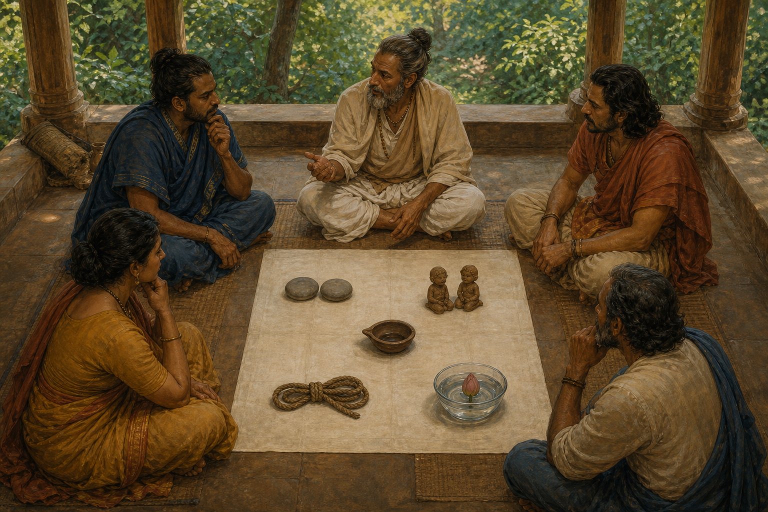 Five people discuss five symbolic objects arranged on a cloth: balanced stones, child figures, an extinguished lamp, a knotted cord, and a lotus in water.