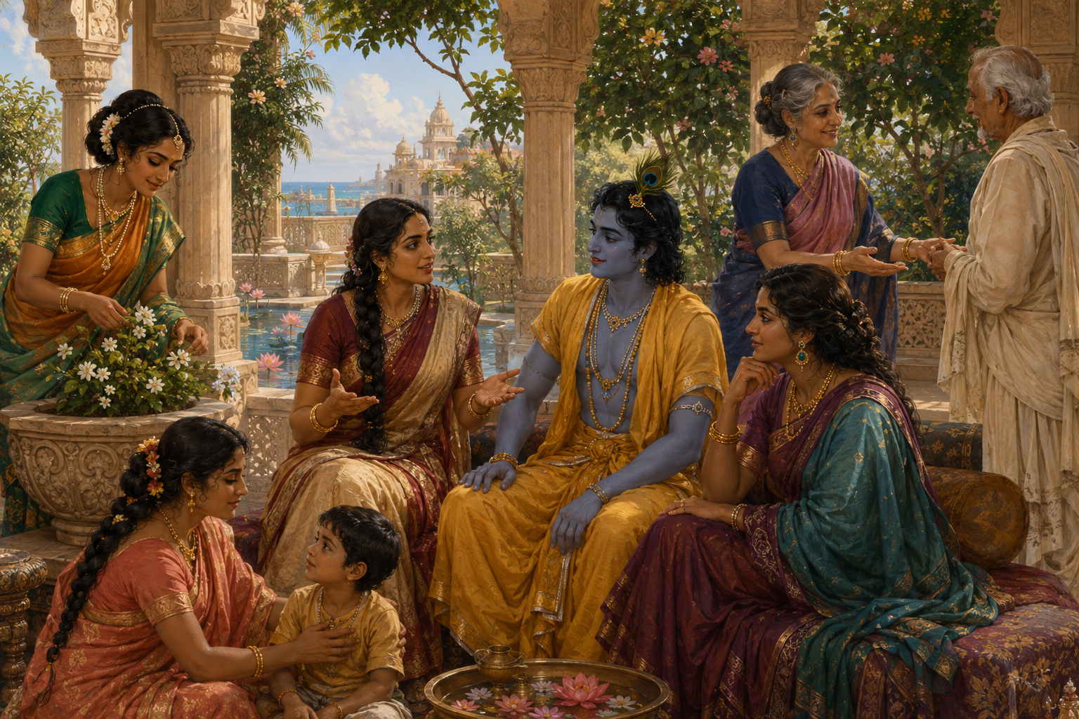 Five distinct queens carry out different activities in a Dwaraka courtyard while Krishna listens attentively to one queen seated beside him.