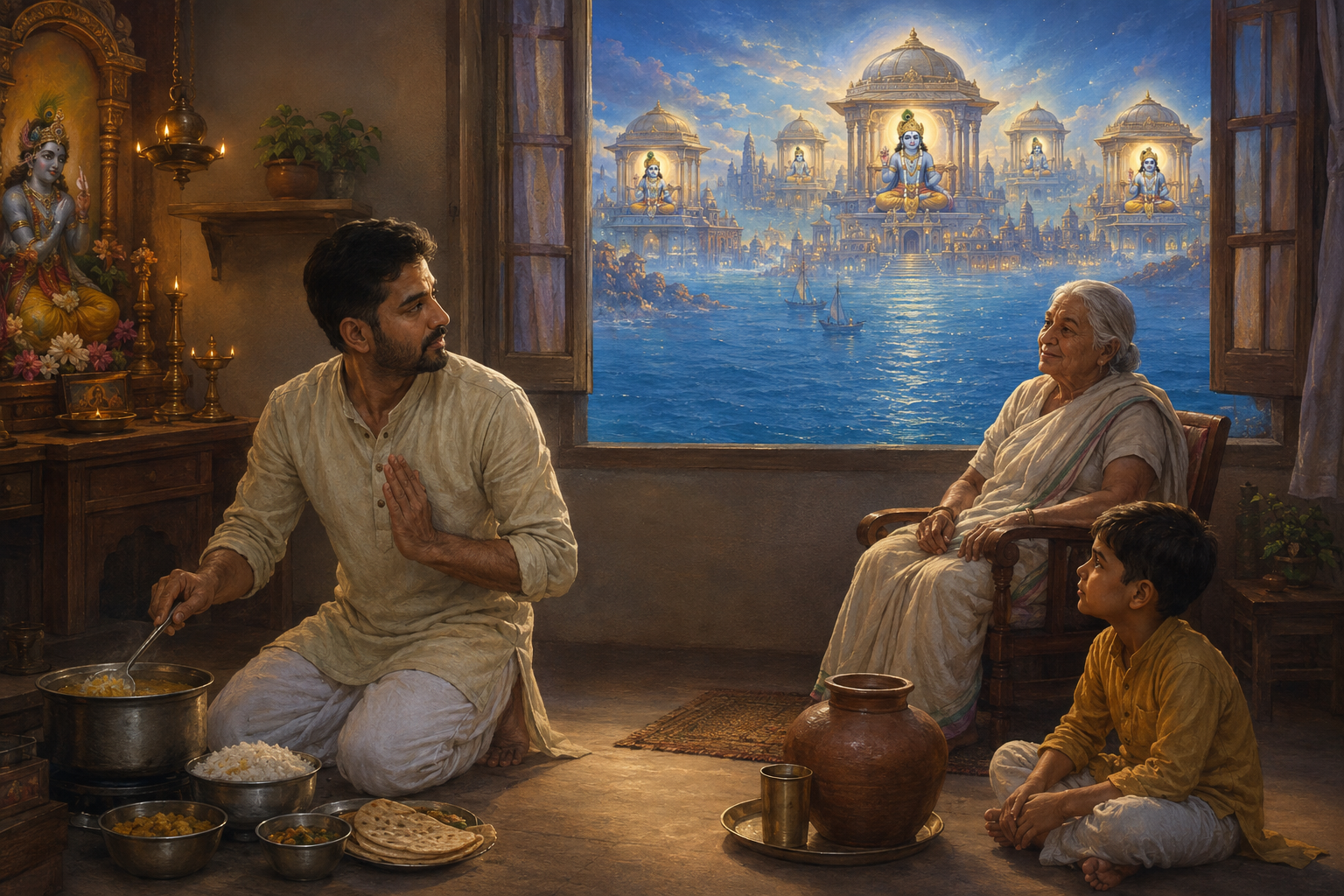 A householder devotee prays and tends to family duties in a modest home while a distant vision shows Krishna present in several Dwaraka palaces.