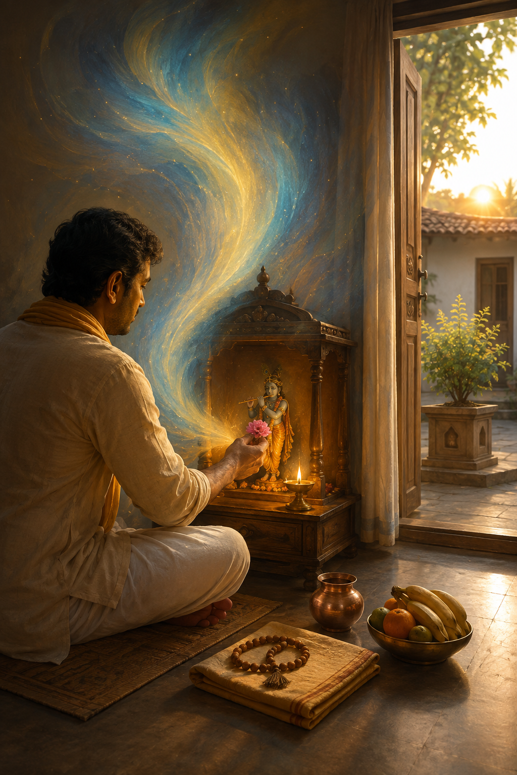 A devotee offers a flower before a small Krishna shrine as lamplight fills a simple home at sunrise.