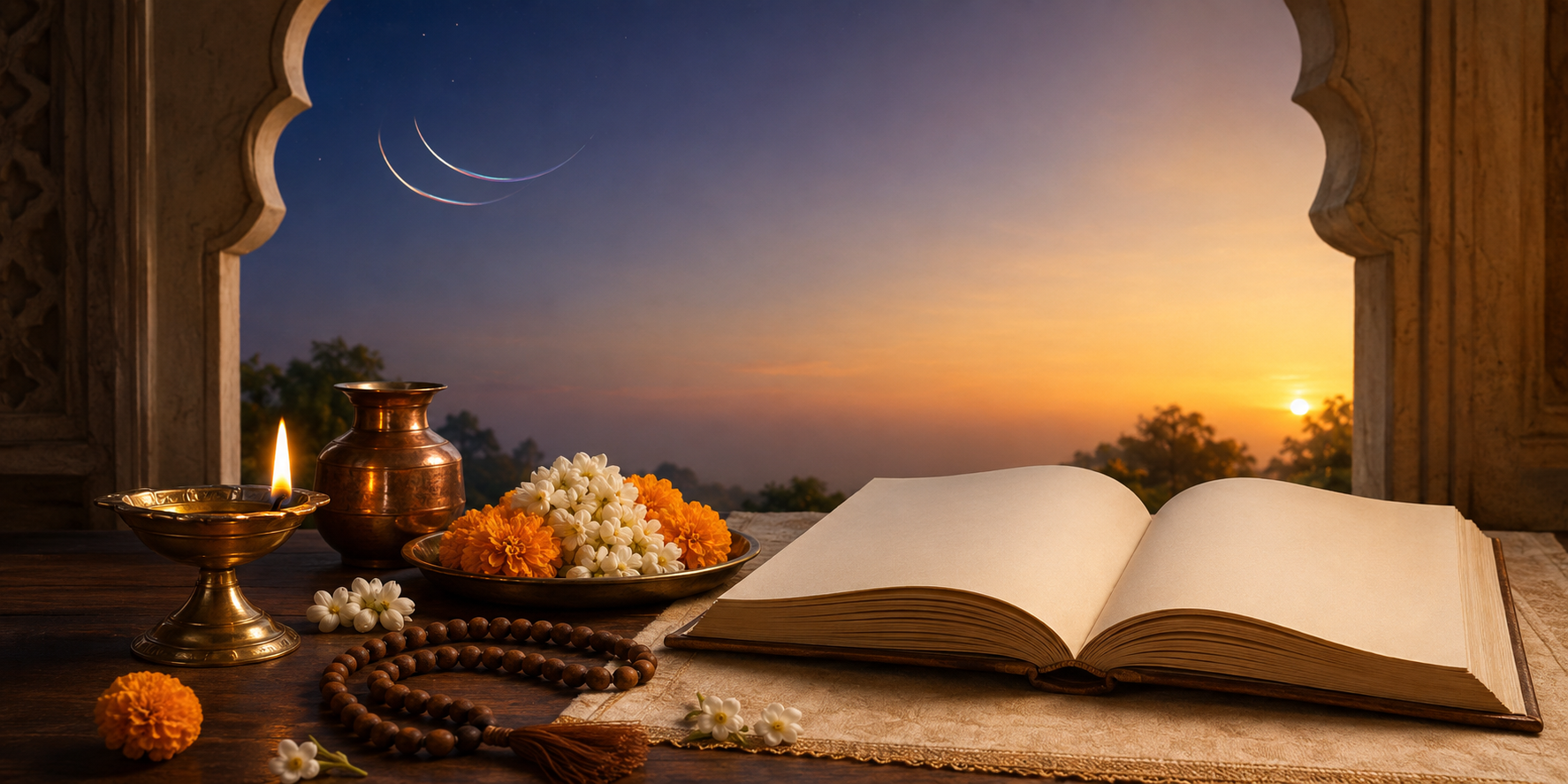 A brass lamp, copper vessel, flowers, prayer beads, and a blank almanac arranged beside a window as the sky changes from predawn blue to morning gold.