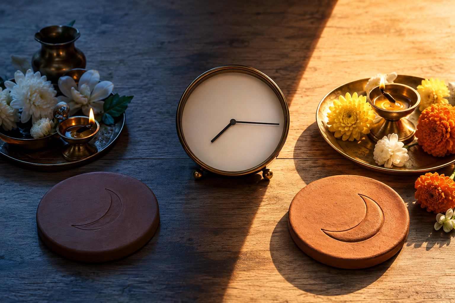 A blank-faced analog clock stands between two puja arrangements lit by cool dawn light and warm morning sunlight.