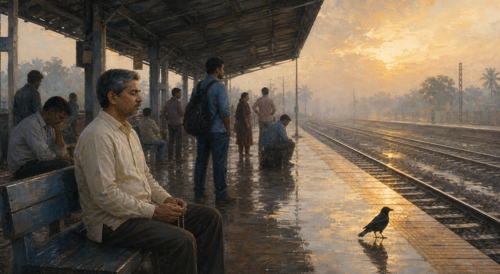 Commuters wait on a misty railway platform while one seated person calmly holds prayer beads near their lap.