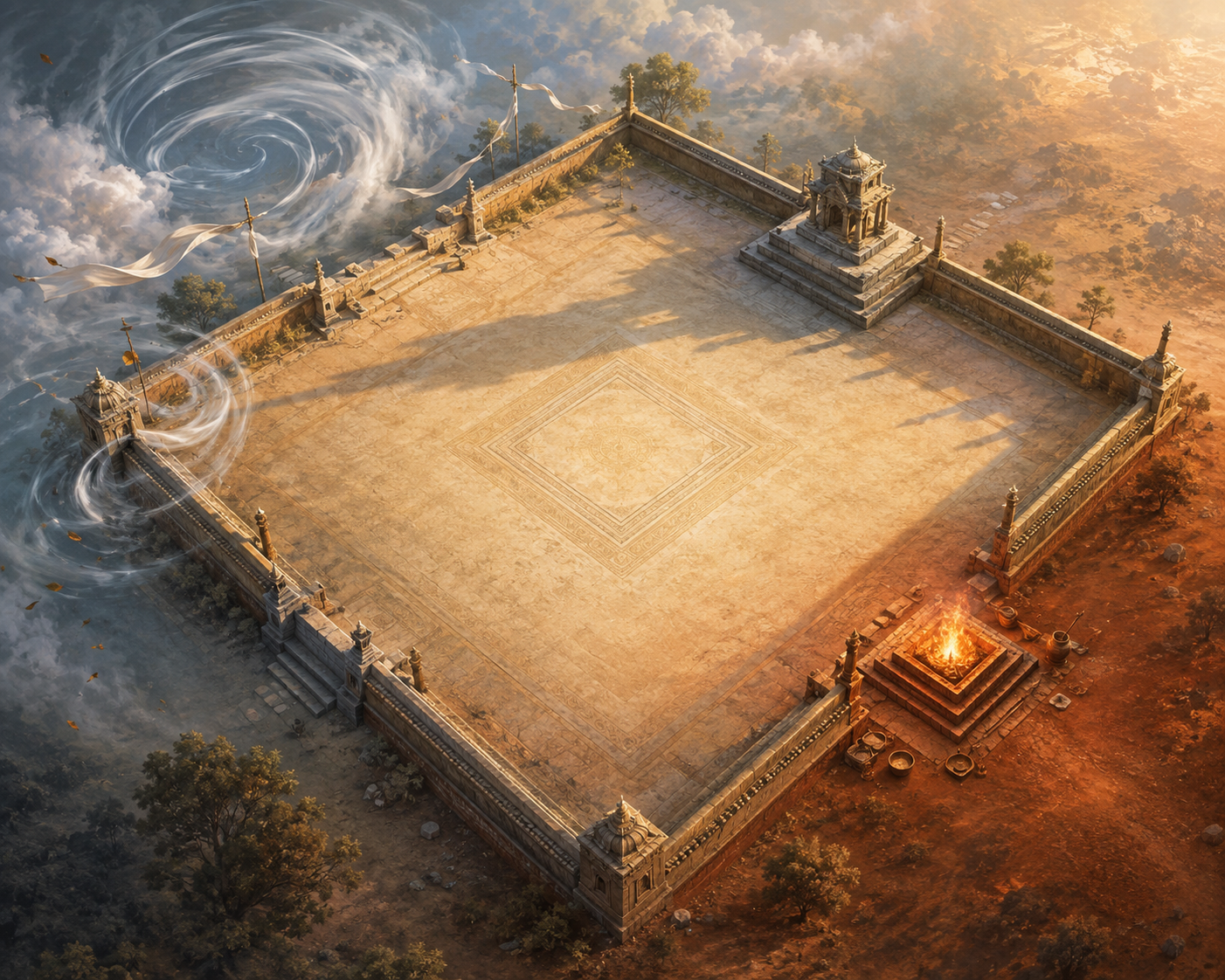 Aerial illustration of a square sacred enclosure with swirling wind and lifted cloth in the northwest, a glowing brick fire altar in the southeast, and a still stone shrine in the northeast.