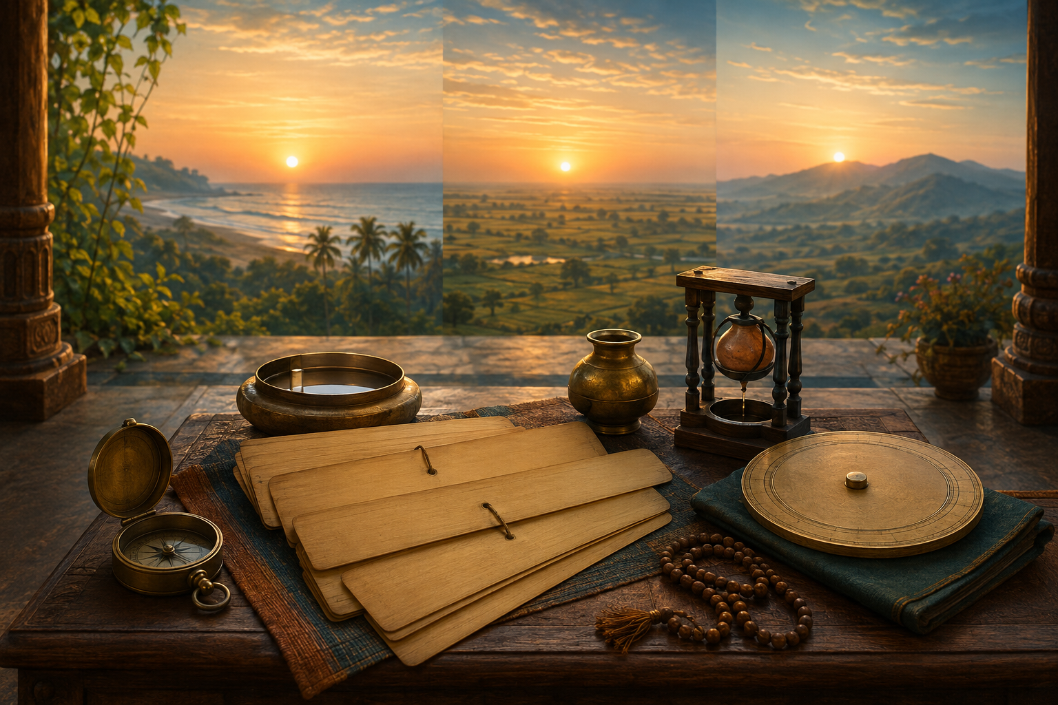Blank almanac folios, a brass compass, an astronomical instrument, and prayer beads sit before coastal, plain, and hill horizons at dawn.