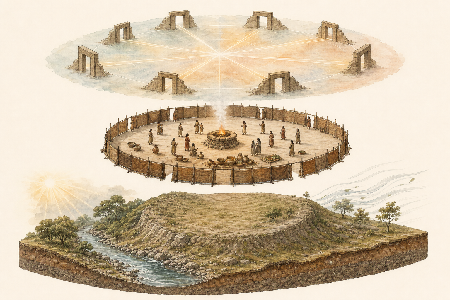 Layered cutaway illustration separating the natural landscape, a temporary ritual enclosure, and an abstract eight-direction spatial pattern.