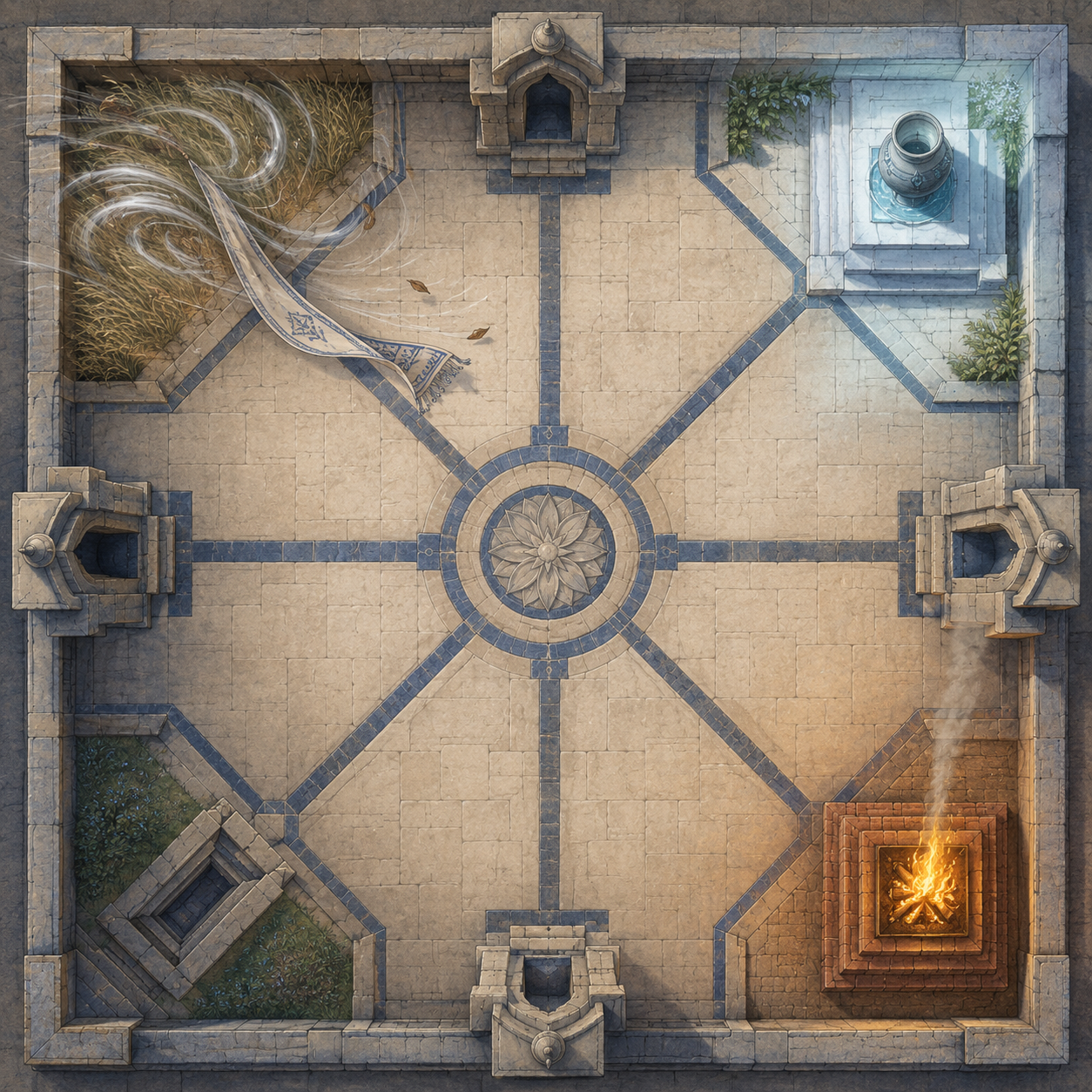 Top-down sacred courtyard with wind-blown leaves and cloth in the northwest, a brick fire altar in the southeast, and a quiet pale platform in the northeast.